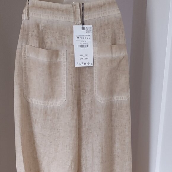 ZARA NWT Full Length Beige Bronze Linen Blend Trousers Size MEDIUM - Picture 8 of 11